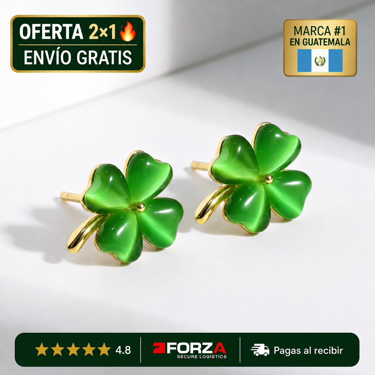 Par de Aros de Jade Natural Trébol – Atraen Abundancia y Buena Suerte